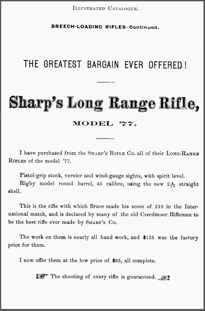 An advertisement for the 1877 Sharps rifle that appeared in the 1879 Homer Fisher catalog.